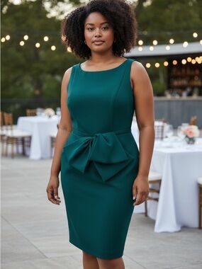 Carmen Marc Valvo Classic Teal Sleeveless Sheath Party Dress w/Bow Peplum Size 8